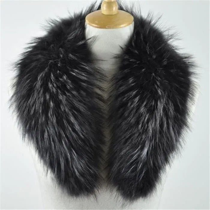 Color: Black Green, Size: XL - Winter Real Fox Fur Collar Woman Furry Natural Raccoon Fur Scarf Shawls Luxury Neck Warmer Wraps For Coat Fur Scarves Large Size