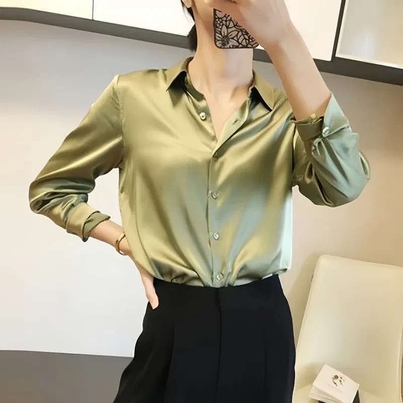 Color: green, Size: XL - All-match Satin Finish Shirts And Blouses Women Clothing Casual Top OL Long Sleeve Button Elegant Shirts French Solid Blouses