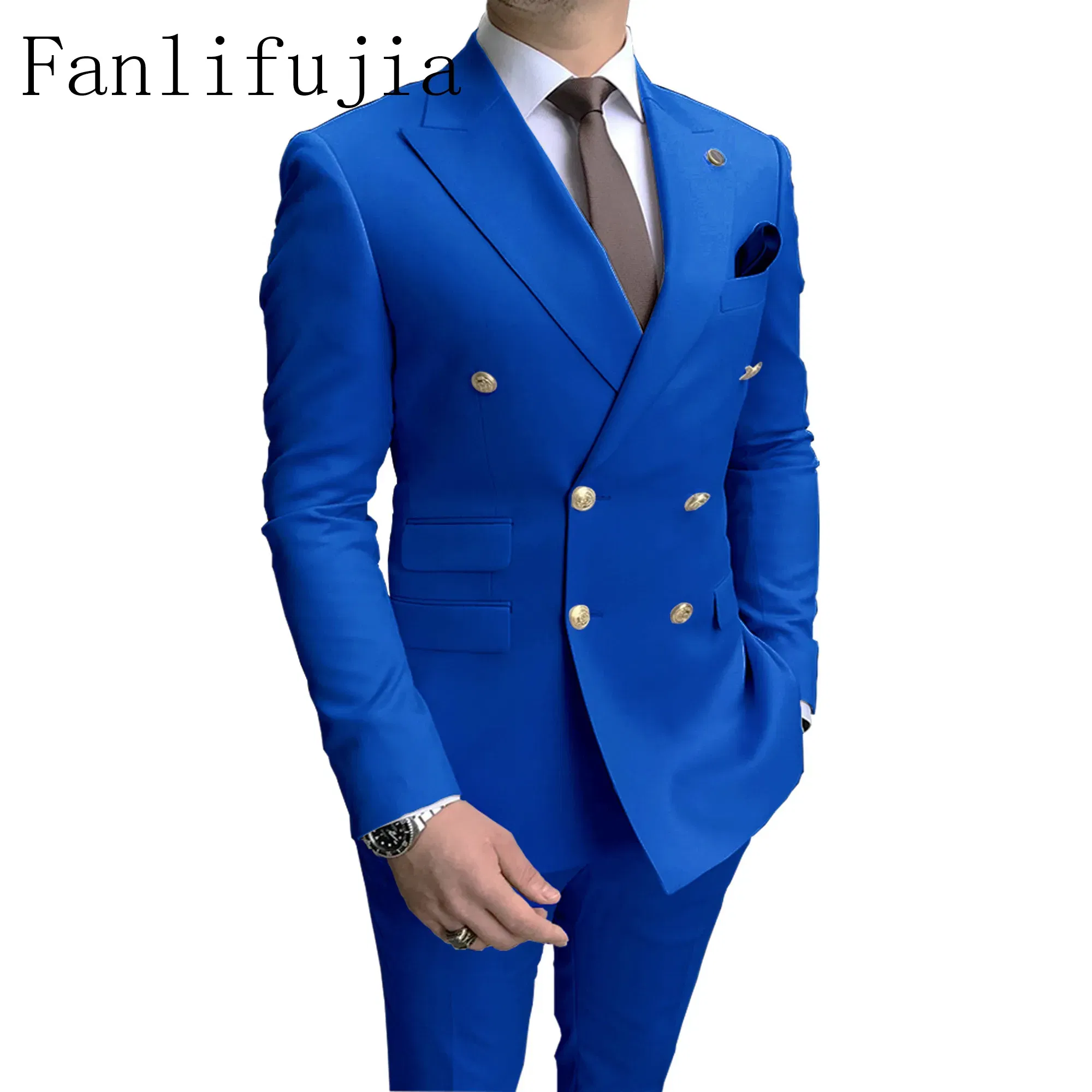 Color: ROYAL BLUE, Size: 4XL - Fanlifujia Store 2024 Casual Sky Blue Men Suits Double Brested Peak Lapel  Gold Button Groom Wedding Tuxedos Best Costume Homme
