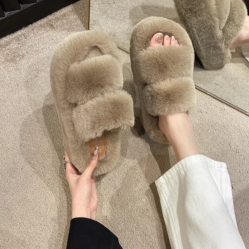 Color: Pink, Shoe Size: 35 - New Winter Open Toe Slipper Fur Thick Sole Flats Heel Ladies Casual Slip On Bedroom Shoes Soft Outdoor Fashion Fur Slippers