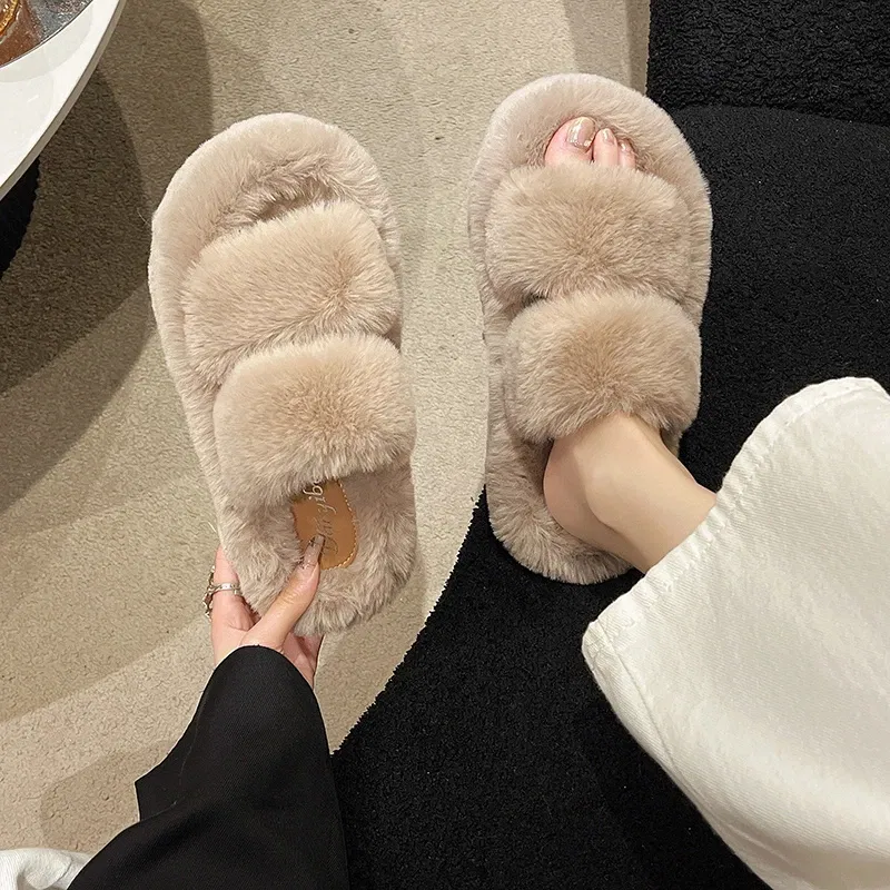 Color: Pink, Shoe Size: 35 - New Winter Open Toe Slipper Fur Thick Sole Flats Heel Ladies Casual Slip On Bedroom Shoes Soft Outdoor Fashion Fur Slippers