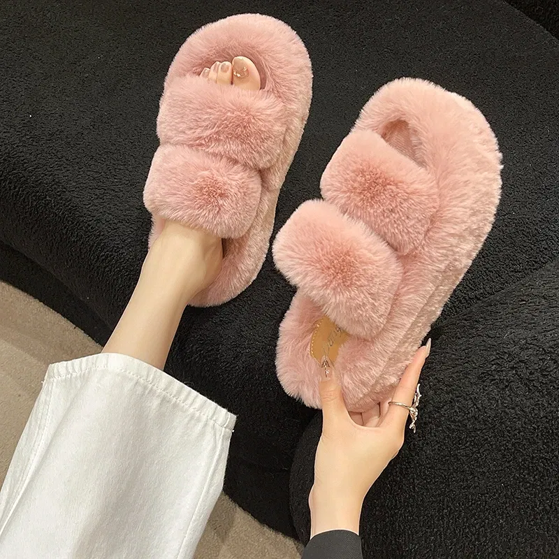 Color: Pink, Shoe Size: 35 - New Winter Open Toe Slipper Fur Thick Sole Flats Heel Ladies Casual Slip On Bedroom Shoes Soft Outdoor Fashion Fur Slippers