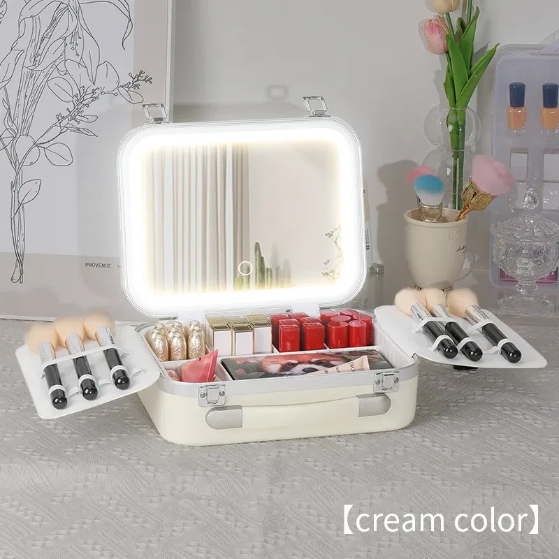 Color: WHITE - Women Skin Care Travel Storage Box Fashion Portable Makeup Bags Large Capacity Cosmetic Case with LED Mirror