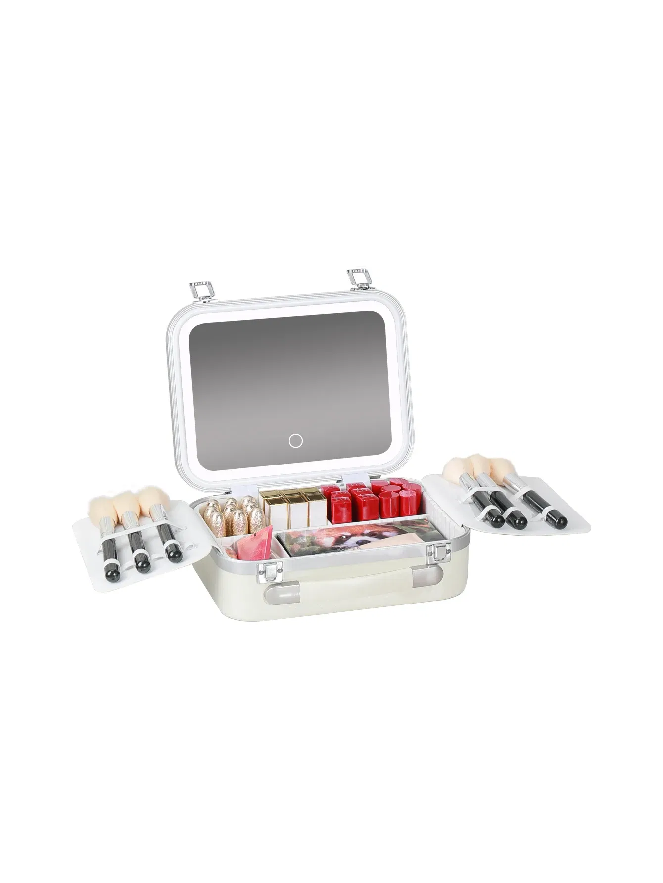 Color: WHITE - Women Skin Care Travel Storage Box Fashion Portable Makeup Bags Large Capacity Cosmetic Case with LED Mirror