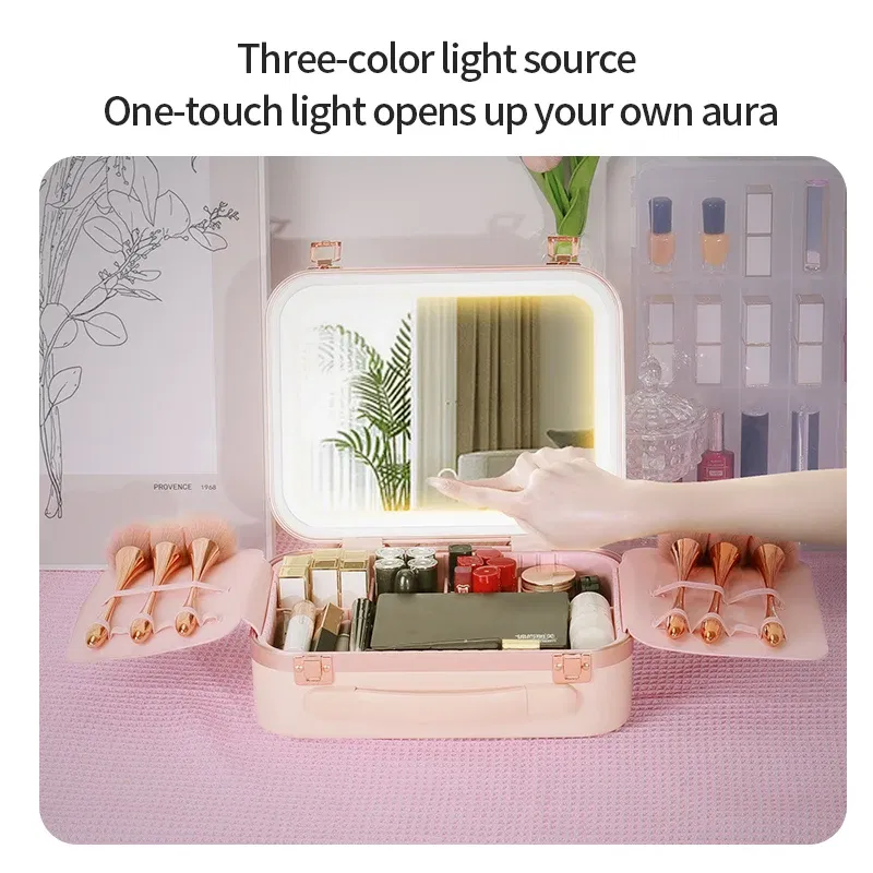 Color: WHITE - Women Skin Care Travel Storage Box Fashion Portable Makeup Bags Large Capacity Cosmetic Case with LED Mirror