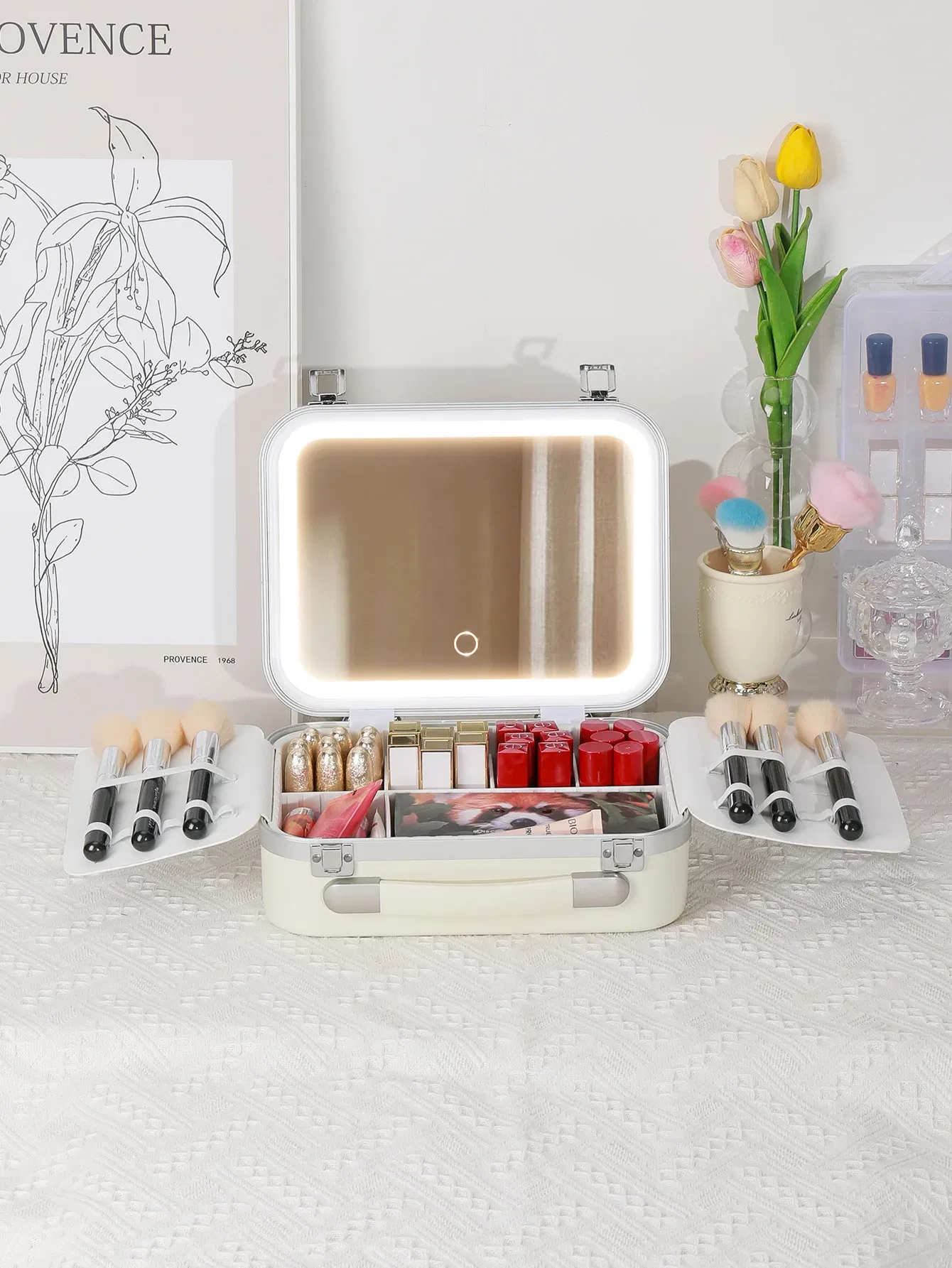 Color: WHITE - Women Skin Care Travel Storage Box Fashion Portable Makeup Bags Large Capacity Cosmetic Case with LED Mirror