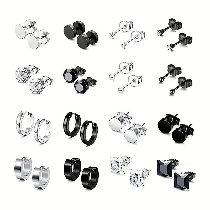 Metal Color: SILVER PLATED - 16pairs Stainless Steel Earrings For Men, CZ Black & Silvery Earrings Huggie Hoop Jewelry Earrings Set