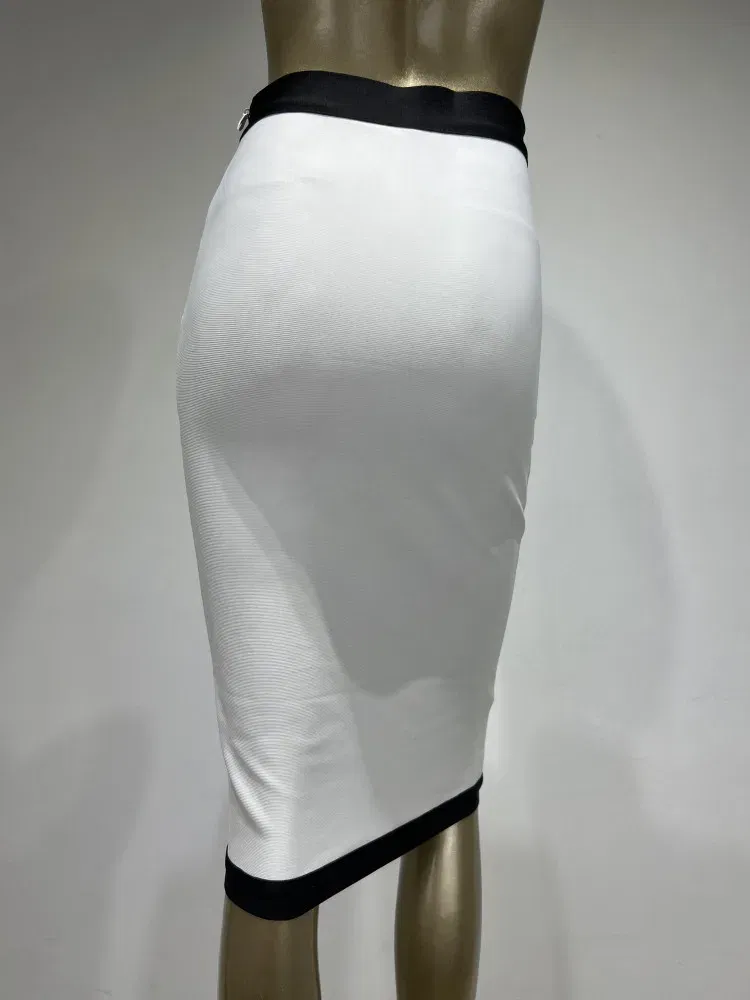 Color: WHITE, Size: XL - New Arrival Women Button Patchwork White Black Bodycon Bandage Skirt 2024 Designer High Waist Party Club Pencil Skirt 60cm