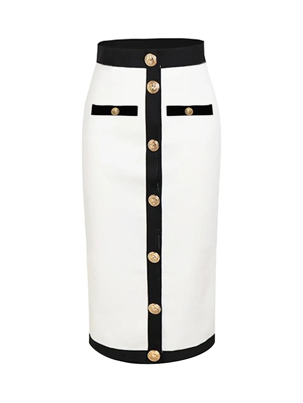 Color: WHITE, Size: XL - New Arrival Women Button Patchwork White Black Bodycon Bandage Skirt 2024 Designer High Waist Party Club Pencil Skirt 60cm