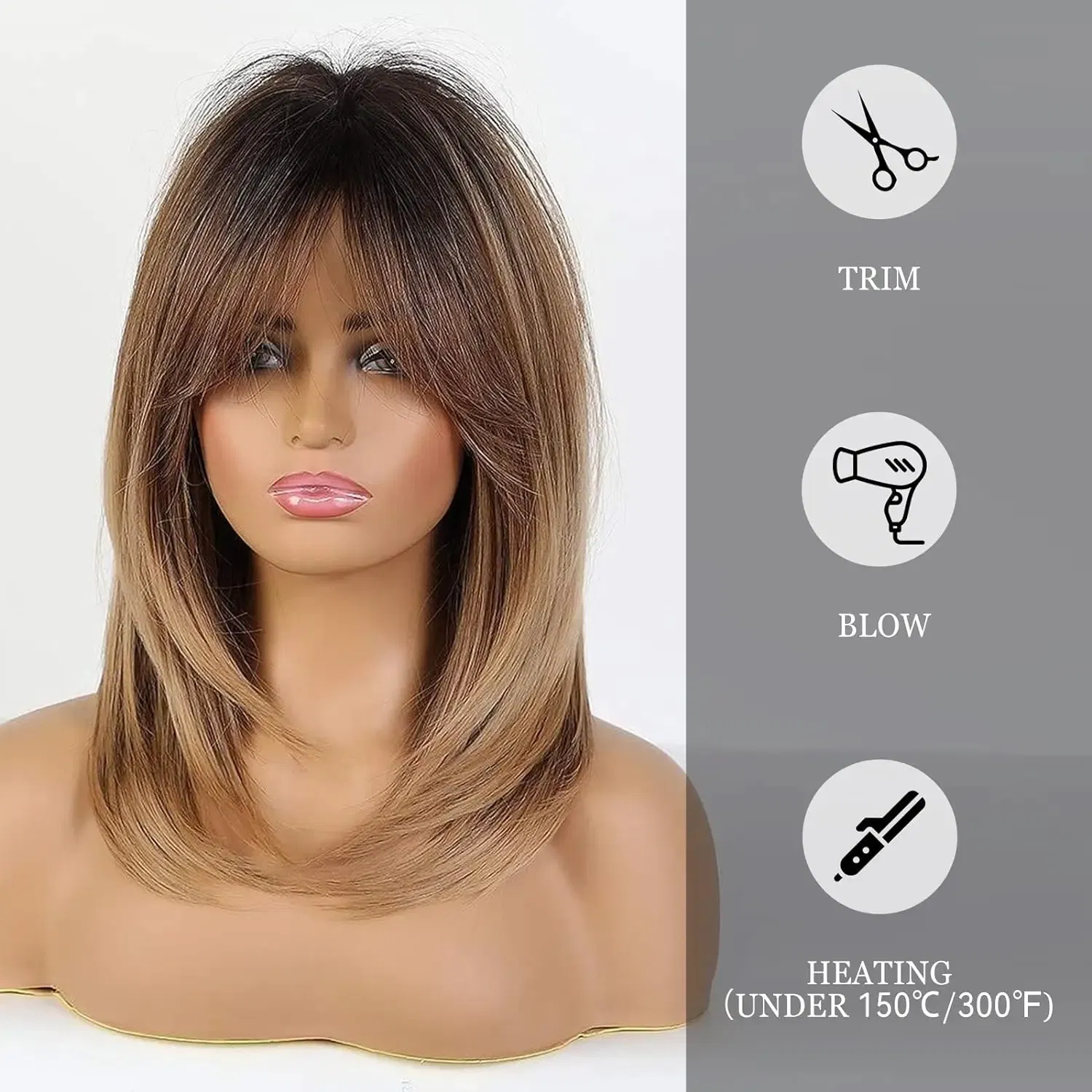 Mid-Length Straight Synthetic Wig Figure-Eight Fringe Brown Gradient Natural Wig For Women Heat-Resistant Full Head Cover