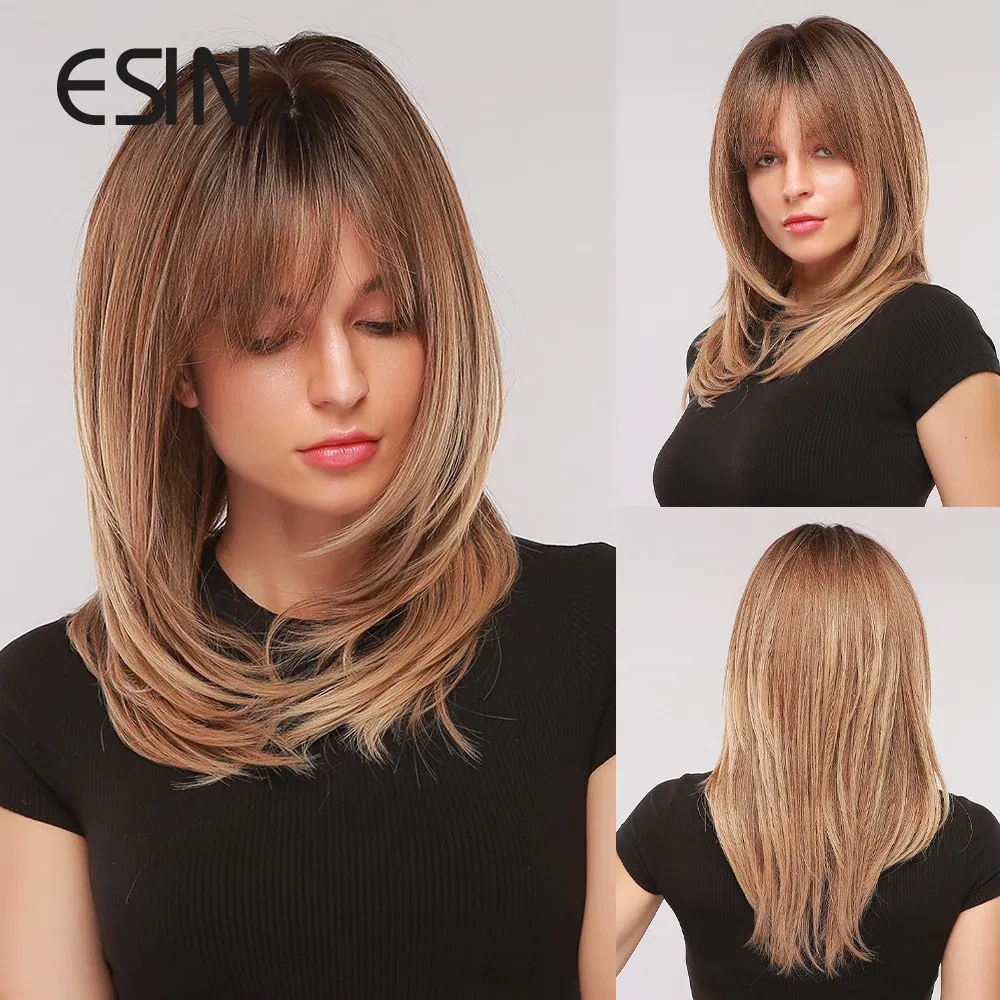 Mid-Length Straight Synthetic Wig Figure-Eight Fringe Brown Gradient Natural Wig For Women Heat-Resistant Full Head Cover