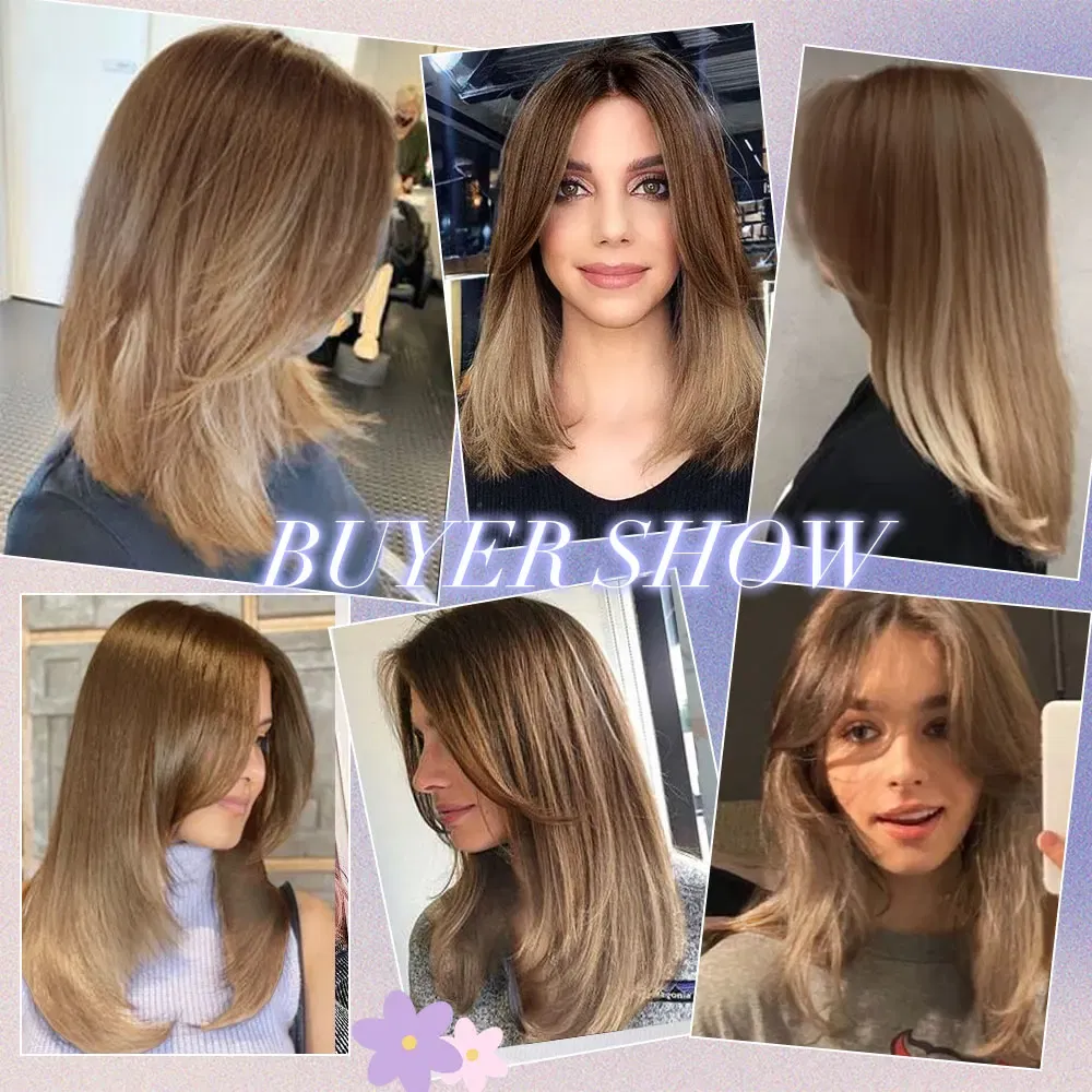 Mid-Length Straight Synthetic Wig Figure-Eight Fringe Brown Gradient Natural Wig For Women Heat-Resistant Full Head Cover