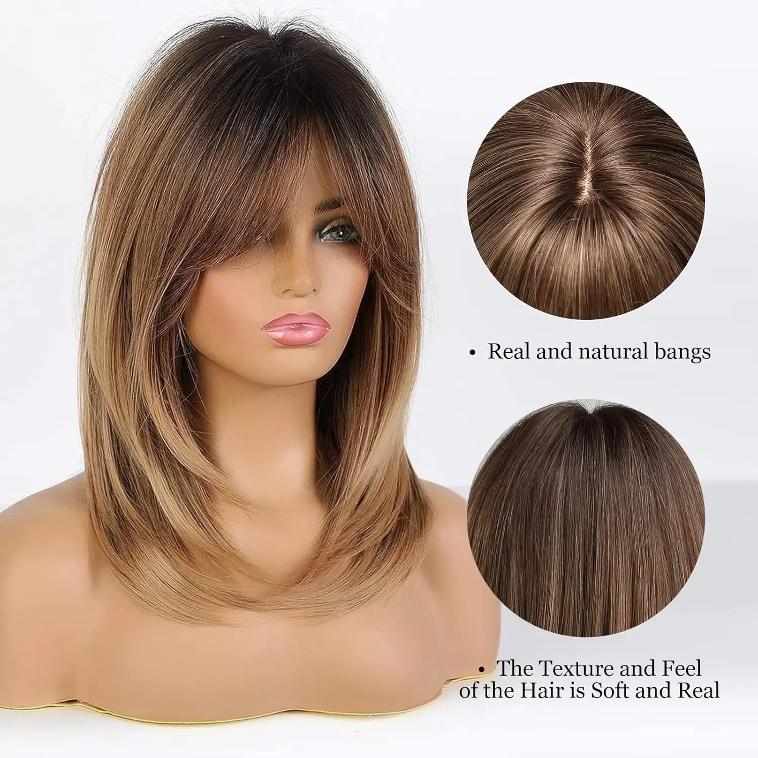 Mid-Length Straight Synthetic Wig Figure-Eight Fringe Brown Gradient Natural Wig For Women Heat-Resistant Full Head Cover