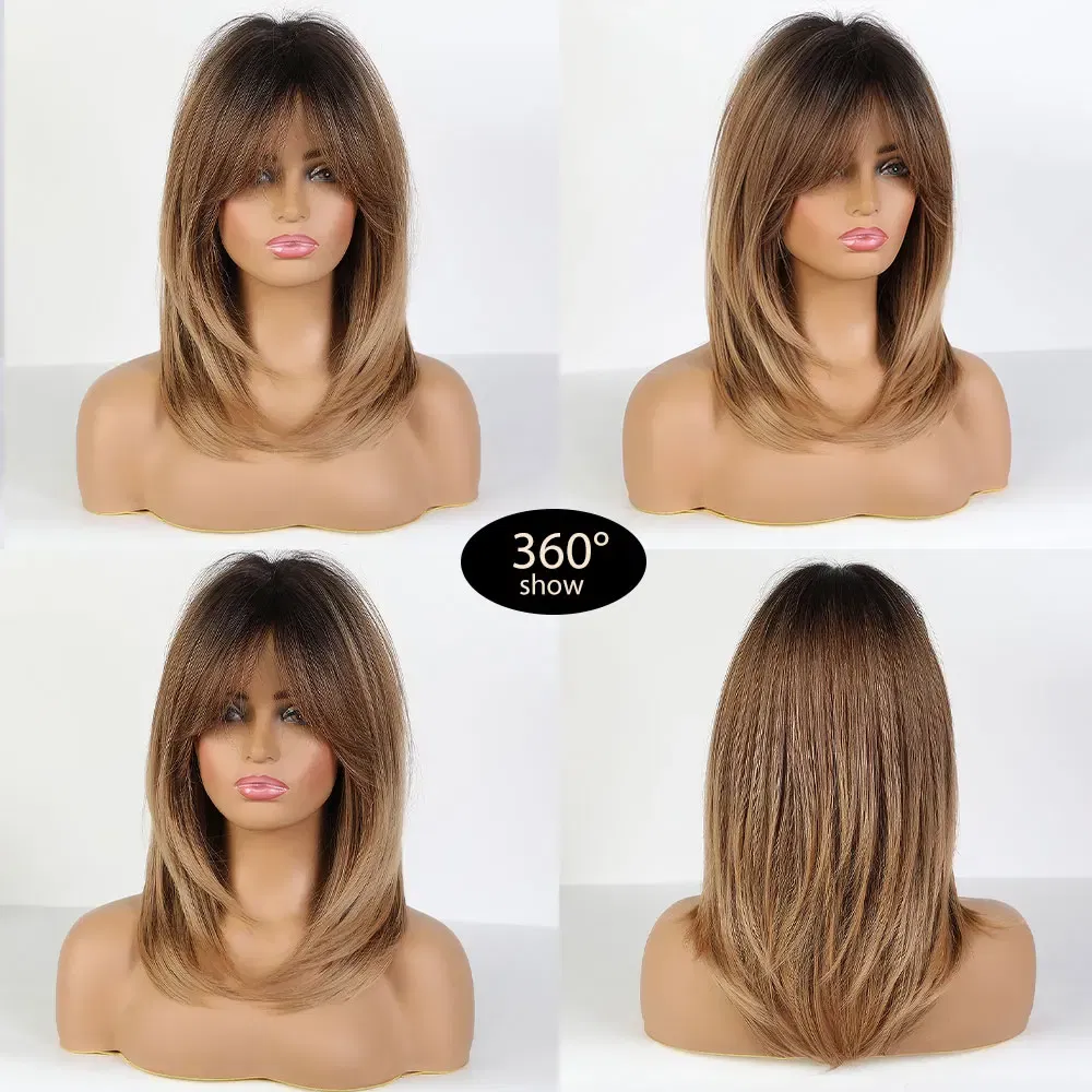 Mid-Length Straight Synthetic Wig Figure-Eight Fringe Brown Gradient Natural Wig For Women Heat-Resistant Full Head Cover