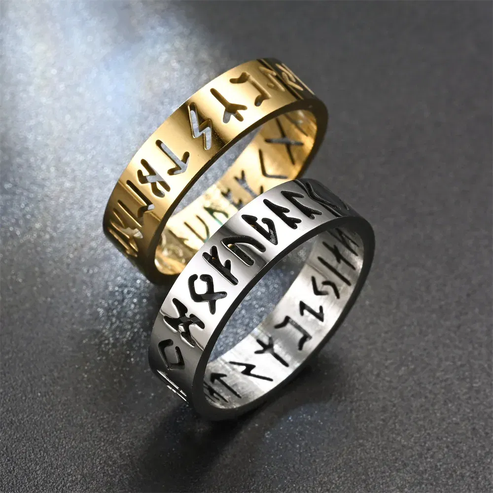 Main Stone Color: GOLD, Ring Size: Less Than 4 - 2023 New Stainless Steel Hollow Out Ring for Men Women Fashion Hollow Rune Design Finger Anillo Antiestres Anxiety Rings
