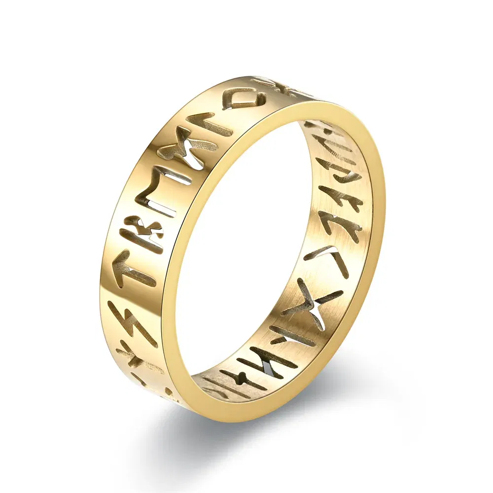 Main Stone Color: GOLD, Ring Size: Less Than 4 - 2023 New Stainless Steel Hollow Out Ring for Men Women Fashion Hollow Rune Design Finger Anillo Antiestres Anxiety Rings