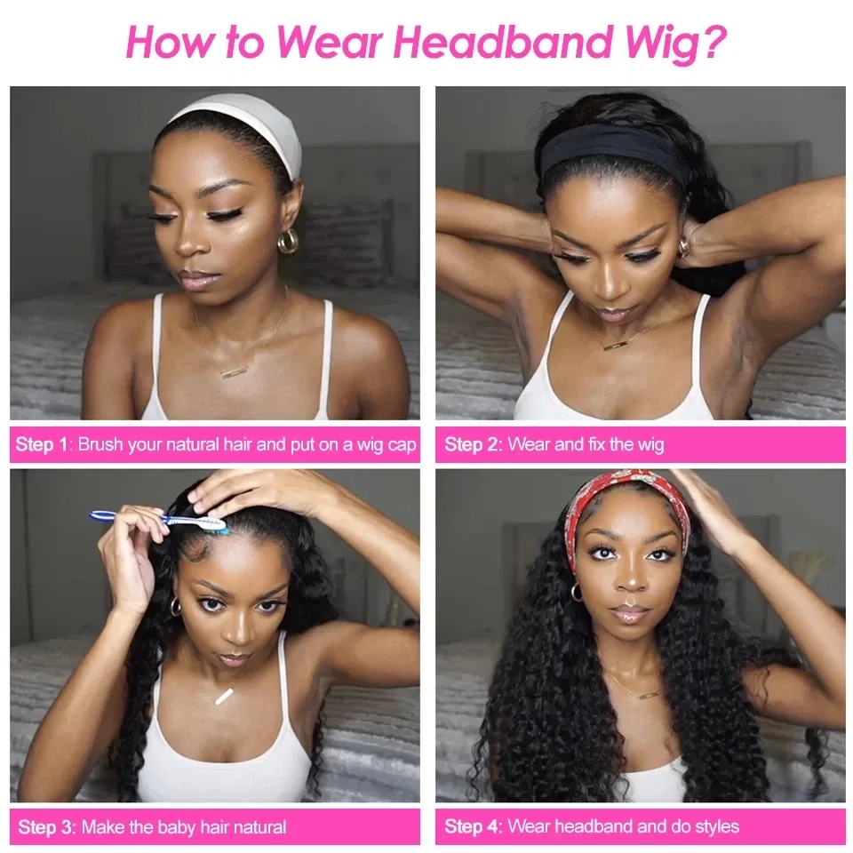Stretched Length: 12INCHES, Density: 180% - Deep Wave Headband Wig Indian Human Hair Full Machine Made Wigs 200 Density For Women Easy Go Water Scarf Wigs 12-24 Inch Wig