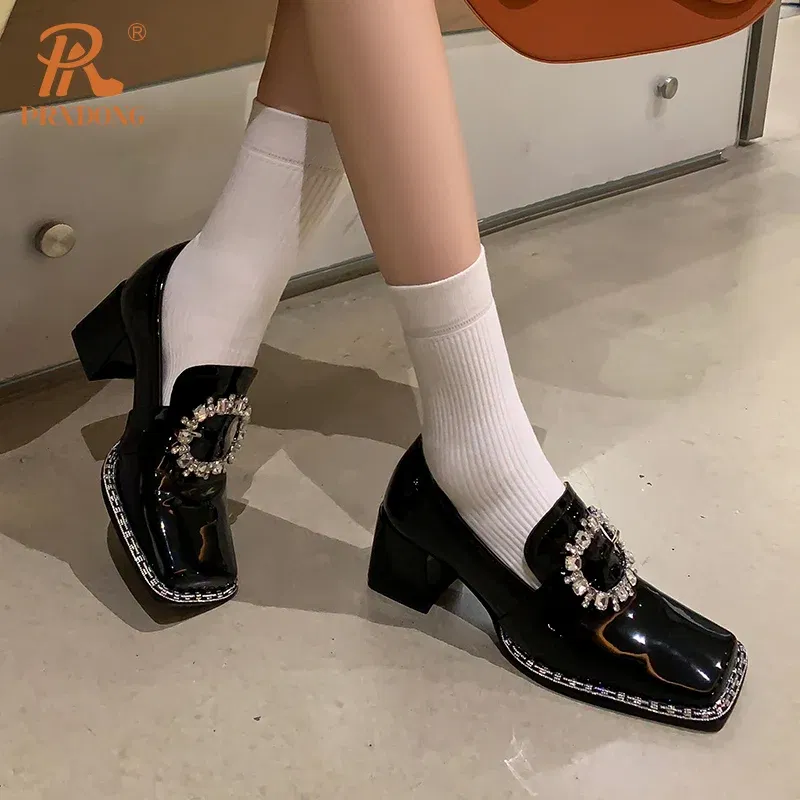 Color: black, Shoe Size: 37, Ships From: CHINA - PRXDONG New Arrivals Genuine Leather Spring Summer Women Pumps Square Med Heel Crystal Black White Dress Party Office Lady Shoes