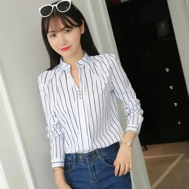 Color: green, Size: XXL - Women White Tops Blouses Fashion Stripe Print Casual Long Sleeve Office Lady OL Shirts Slim Blusas DF4970