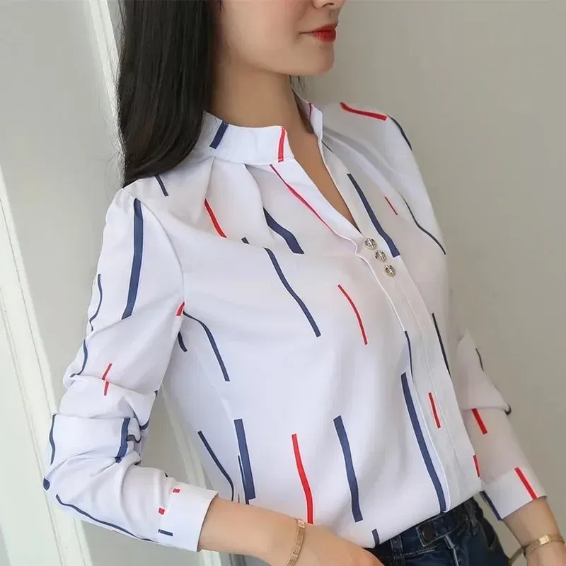 Color: green, Size: XXL - Women White Tops Blouses Fashion Stripe Print Casual Long Sleeve Office Lady OL Shirts Slim Blusas DF4970