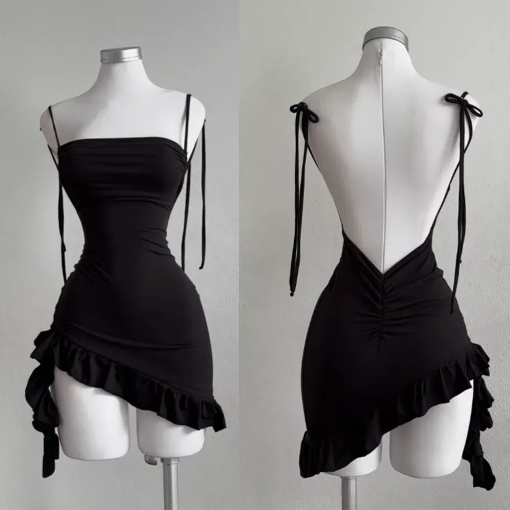 Color: black, Size: M - 2025 popular European and American new dress with summer high-end feel Y2K sexy backless lace up spicy girl's hip hugging skirt