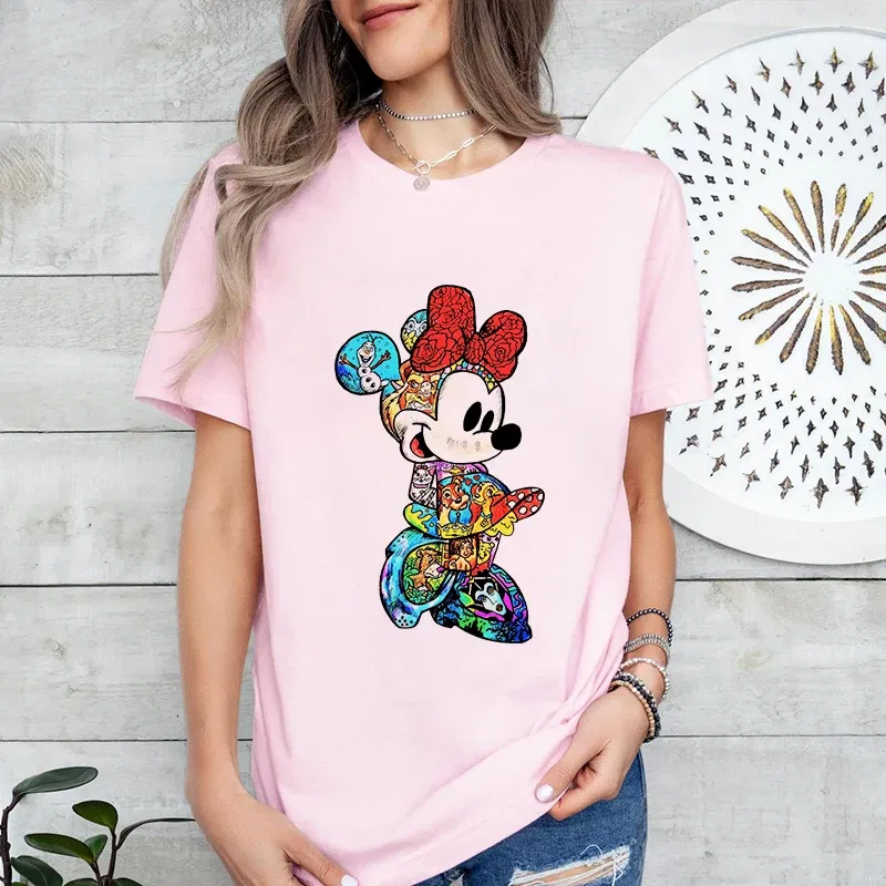 Color: Brown, Size: XS?€old?‰ - Disney Couples Mickey Mouse Minnie Print T-shirt Couples Men's and Women's Cotton Short Sleeve Casual Tops