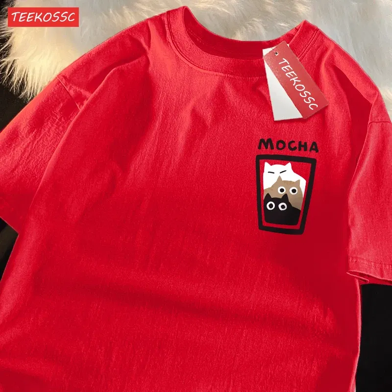 Color: MULTI, Size: XXXL - Mocha Latte Couple Outfit Cat Coffee Couple Male T-Shirts Graphic Cool Tee Shirt High-Quality Oversized Tshirt Comfort Soft