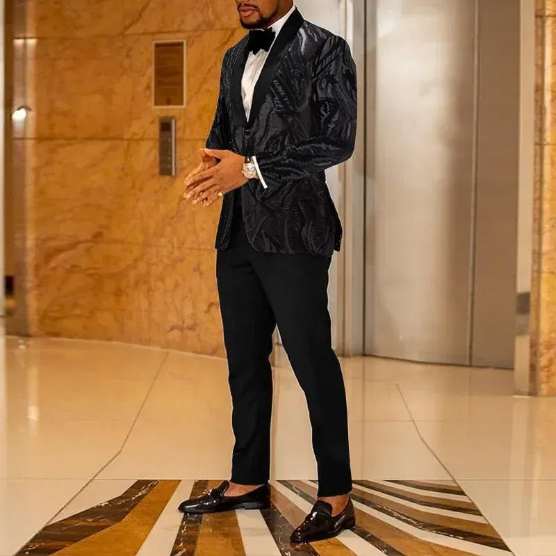 Color: black, Size: L - Men's Gold Sequin Applique Fashion Trend Suit Set High-Quality Casual Jacket And Western Pants Two-Piece Ensemble