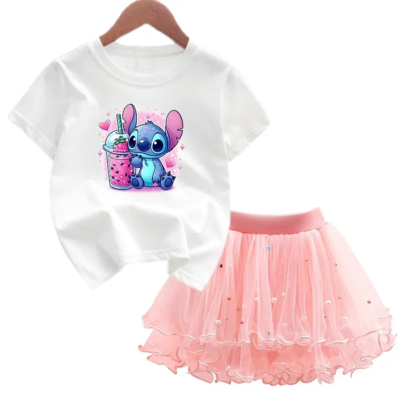 Color: black, Kid Size: 4T - 2pcs Lilo Stitch Summer Girls Outfits Cartoon T-shirt and Tutu Skirt Princess Clothes Suit Children Birthday Clothing Sets