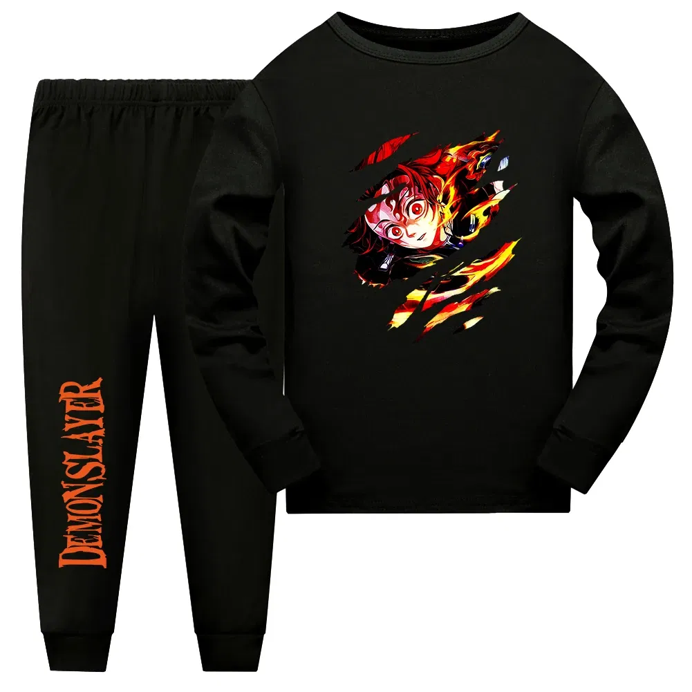 Color: GRAY, Kid Size: 15 - Demon Slayer Sleepwear Kamado Tanjirou Kamado Nezuko Agatsuma Zenitsu Children's Homewear Suit Long-sleeve Two-piece Pajamas Set