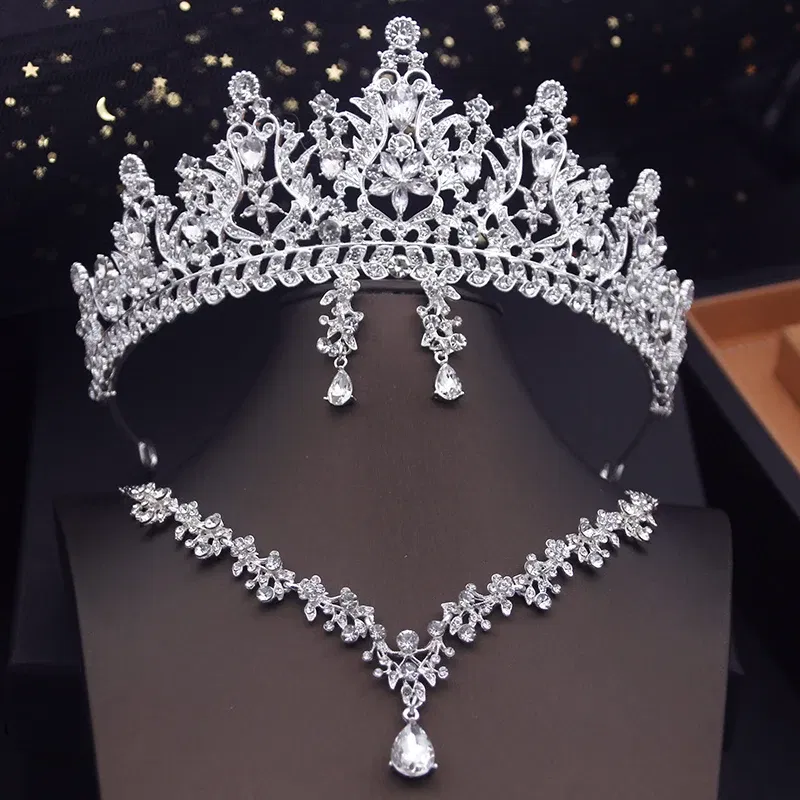 Metal color: Antique Silver Plated - Royal Queen Tiaras Bridal Jewelry Sets Evening Crown Choker Necklace Sets Wedding Dress Jewelry Prom Costume Accessory Bride