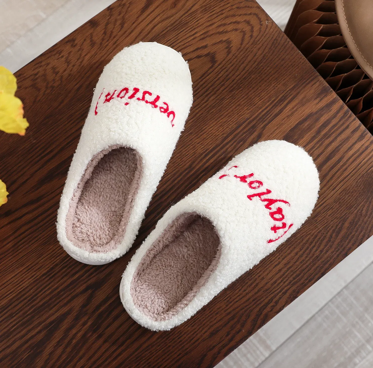 Color: WHITE, Shoe Size: 40 - Winter home home tapors version pattern cotton slippers non-slip thick-soled wool cotton slippers