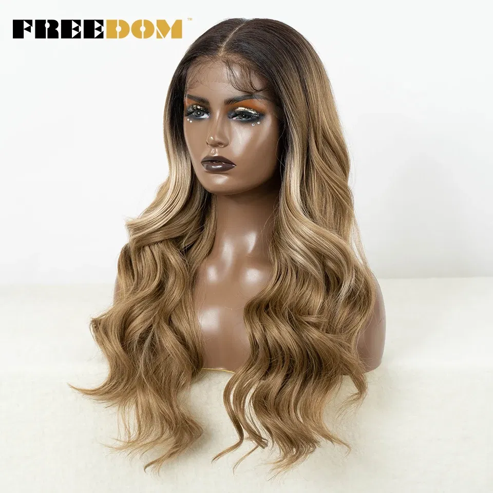 FREEDOM Synthetic Lace Front Wigs for Women 13x7 HD Synthetic Body Wave Lace Wig Long Ombre Brown Wig Pre Plucked Cosplay Wigs