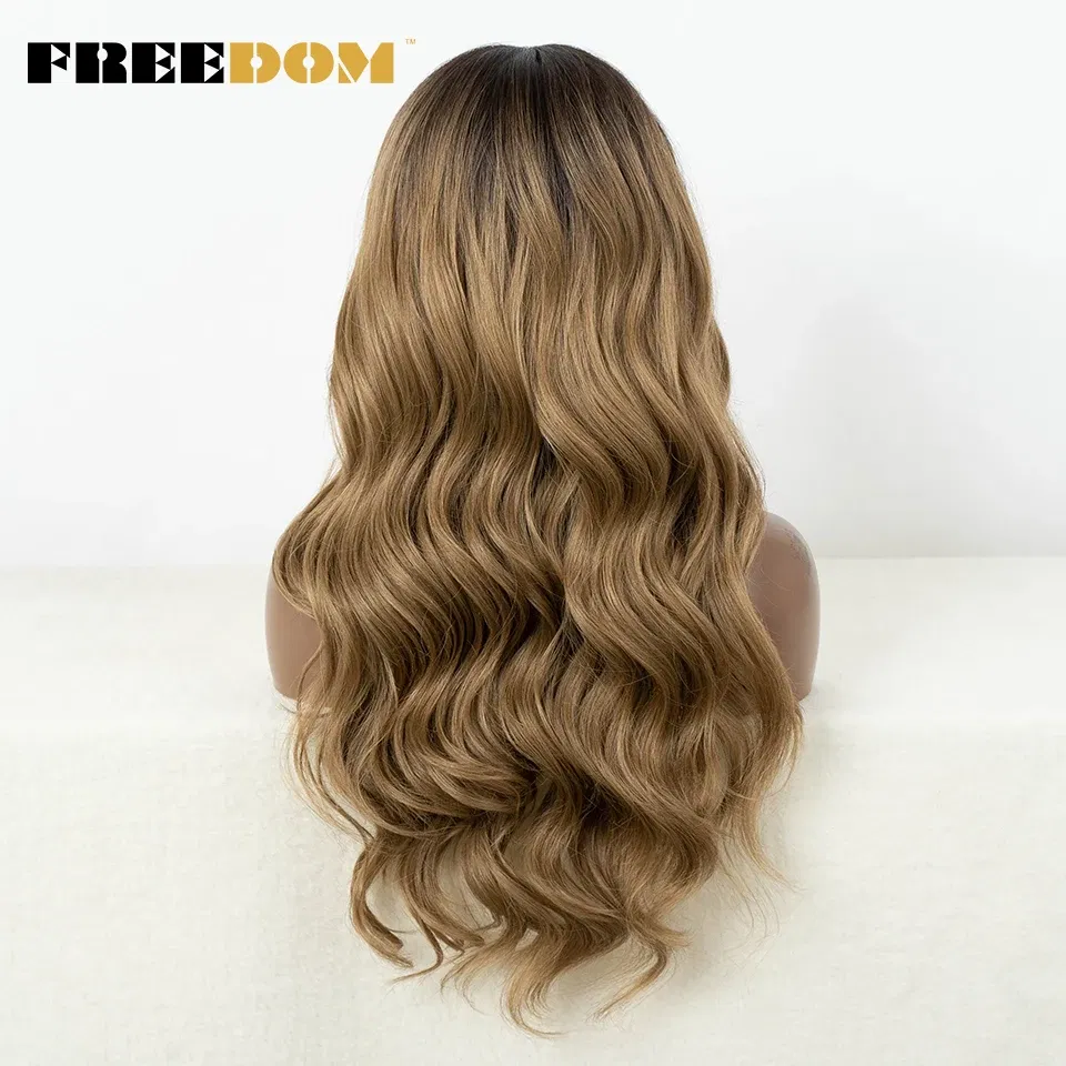 FREEDOM Synthetic Lace Front Wigs for Women 13x7 HD Synthetic Body Wave Lace Wig Long Ombre Brown Wig Pre Plucked Cosplay Wigs