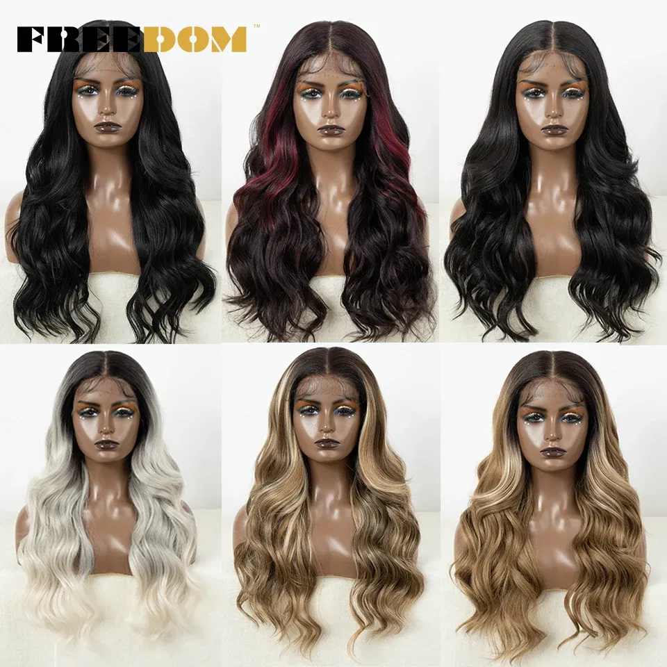 FREEDOM Synthetic Lace Front Wigs for Women 13x7 HD Synthetic Body Wave Lace Wig Long Ombre Brown Wig Pre Plucked Cosplay Wigs