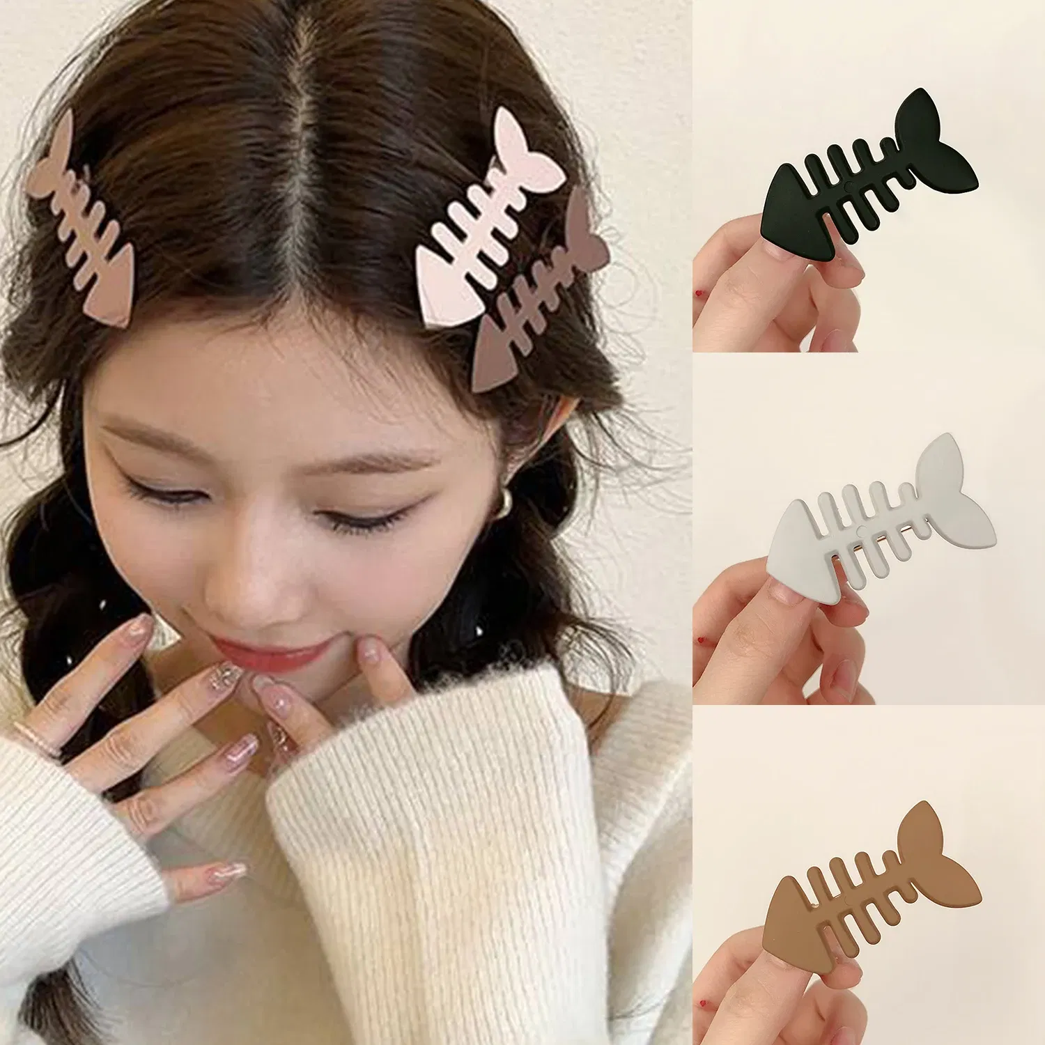 Color: Coffee - Simple Milk Tea Color Fishbone Hairpin Girl Cute Bangs Barrettes Sweet Side Hairgrips Temperament Duckbill Clip Hair Accessories