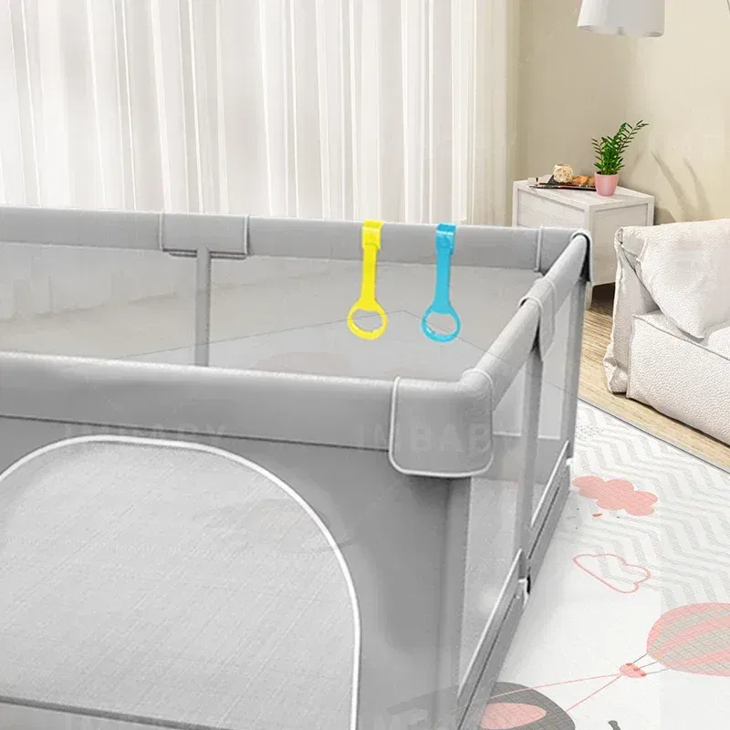 IMBABY Baby Playpen Gray Baby Corralitos Playpen for Children with Pull Ring Ball Box Child Safety Barrier Fence Baby Gym