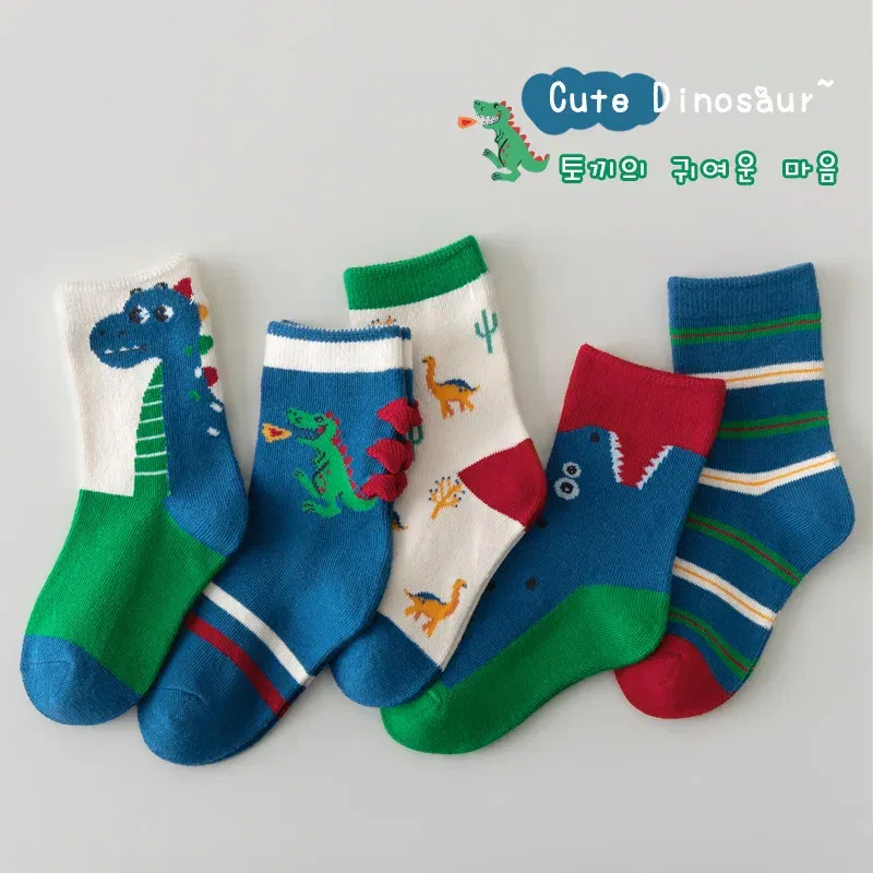 Color: Blue, Size: 2-3T - 5 Pairs/pack Autumn Socks Children's Cotton Socks Cartoon Dinosaur Pattern Kids Boys Crew Socks