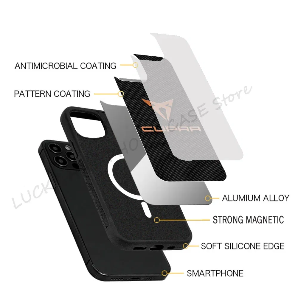 Color: Beige, Material: Genuine Leather - Cool Phone Case Phone Case Strong Magnetic Cupra Racing for IPhone 15 14 13 Pro Max 11 12 Mini for Magsafe