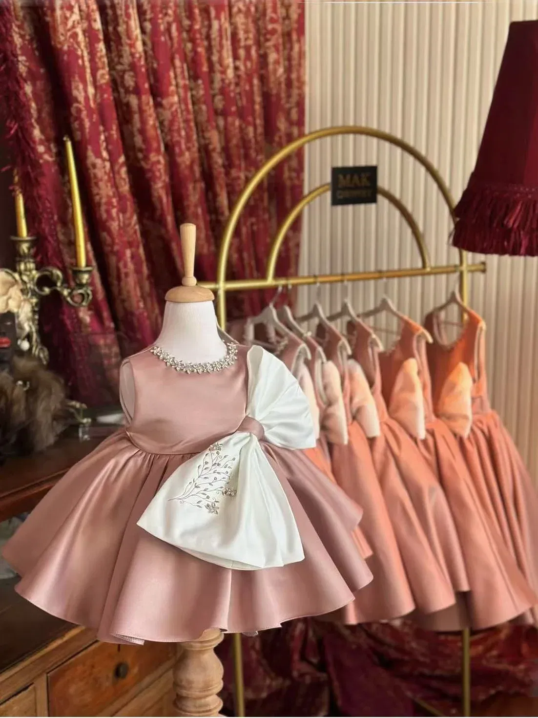 Color: Brown, Kid Size: 24 - 0-12Y Baby Girl Summer Diomand flower Embroidery Pink Dress with Big Bow for Casual Party Holiday B37