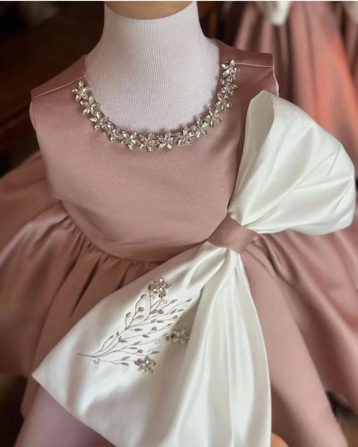 Color: Brown, Kid Size: 24 - 0-12Y Baby Girl Summer Diomand flower Embroidery Pink Dress with Big Bow for Casual Party Holiday B37