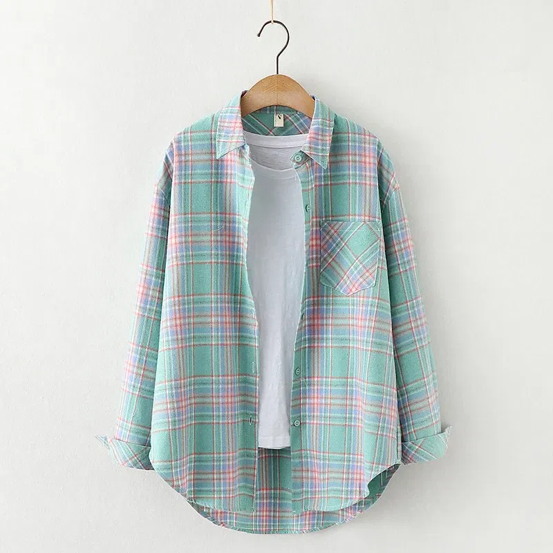 Color: WHITE, Size: S - Fresh Flannel Plaid Shirt Women 2025 New Female Blouses and Tops Cotton Loose Long Sleeve Casual Shirts Fine Women's Clothes
