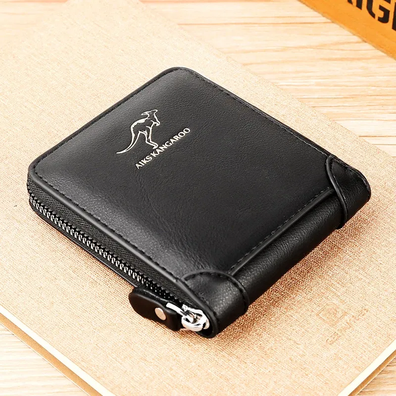 Color: black - Leather Men?™s Wallet Luxury MensPurse Male Zipper Card Holders with Coin Pocket Rfid Wallets Gifts for Men Money Bag