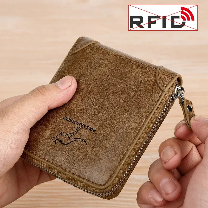 Color: black - Leather Men?™s Wallet Luxury MensPurse Male Zipper Card Holders with Coin Pocket Rfid Wallets Gifts for Men Money Bag