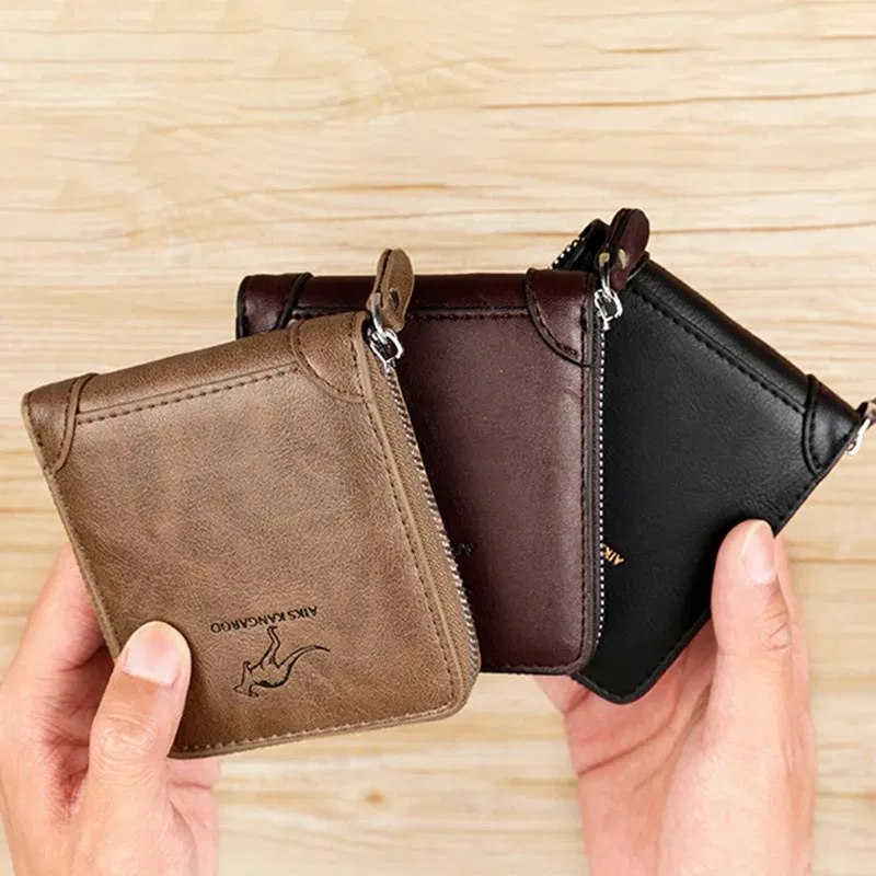 Color: black - Leather Men?™s Wallet Luxury MensPurse Male Zipper Card Holders with Coin Pocket Rfid Wallets Gifts for Men Money Bag