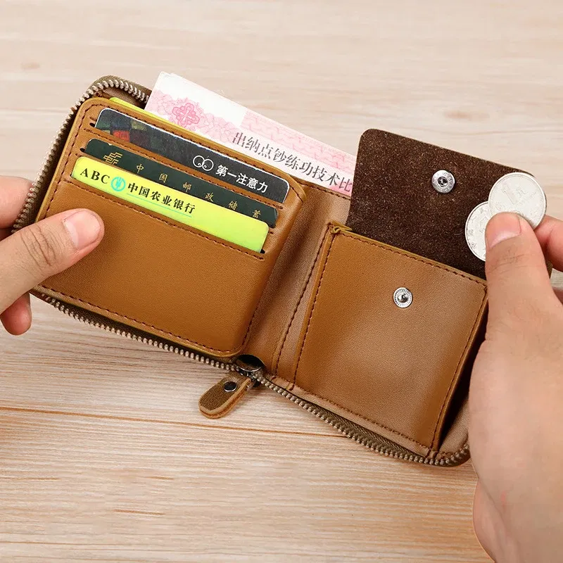 Color: black - Leather Men?™s Wallet Luxury MensPurse Male Zipper Card Holders with Coin Pocket Rfid Wallets Gifts for Men Money Bag