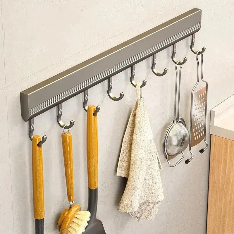 Color: Bronze - Wall Mounted Hooks Rack Punch Free Kitchen Utensils Storage Row Hook Holder Bathroom Towel Robe Coat Hangers Multi-Purpose Hooks