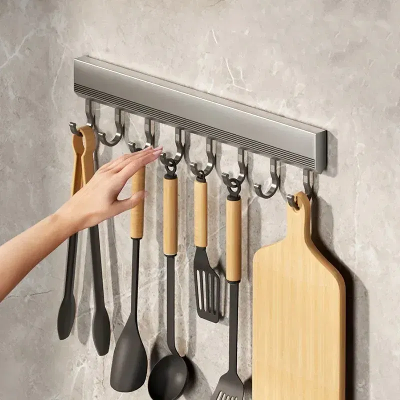 Color: Bronze - Wall Mounted Hooks Rack Punch Free Kitchen Utensils Storage Row Hook Holder Bathroom Towel Robe Coat Hangers Multi-Purpose Hooks