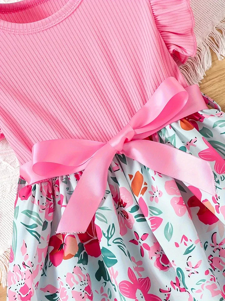 Color: Red, Kid Size: 2T - Sweet Girls Splicing Flower Print Flutter Trim Ribbed Belted Dress