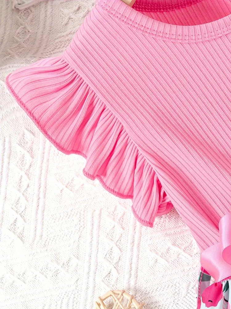 Color: Red, Kid Size: 2T - Sweet Girls Splicing Flower Print Flutter Trim Ribbed Belted Dress